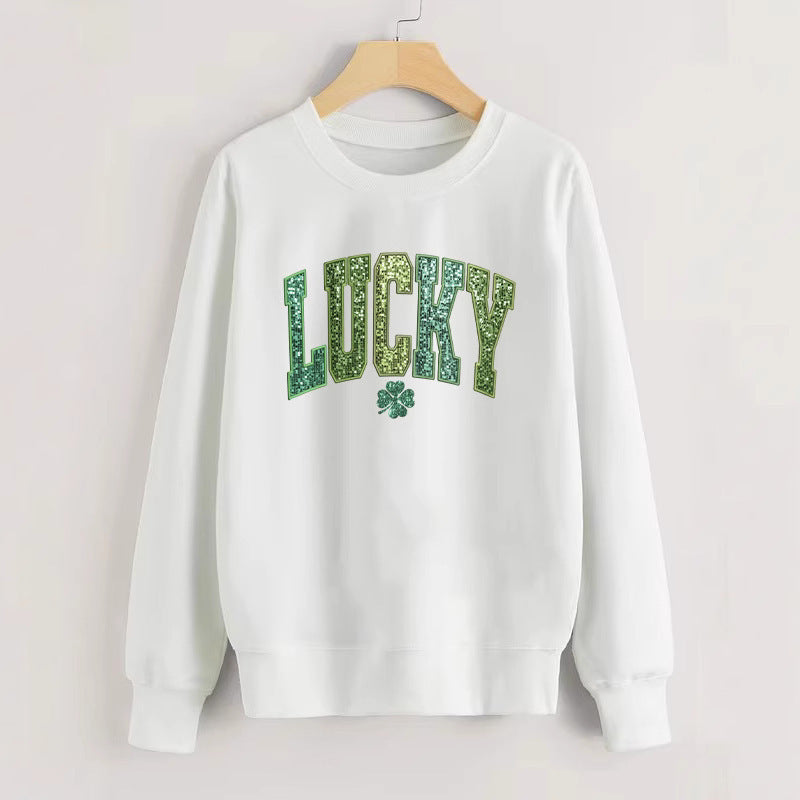 Dame uformell sweatshirt med glitrende skrift og firkløvermotiv Skjora