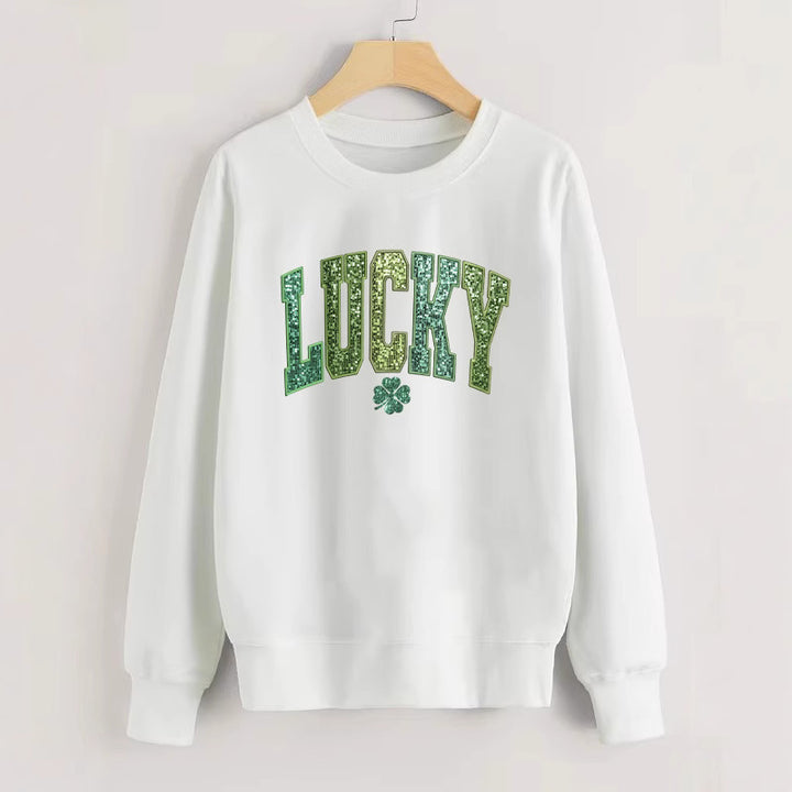 Dame uformell sweatshirt med glitrende skrift og firkløvermotiv Skjora