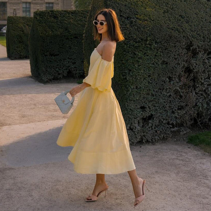 Dames Off-Shoulder Maxi Kjole med Voluminøse Ermer og Elegant Snitt Skjora