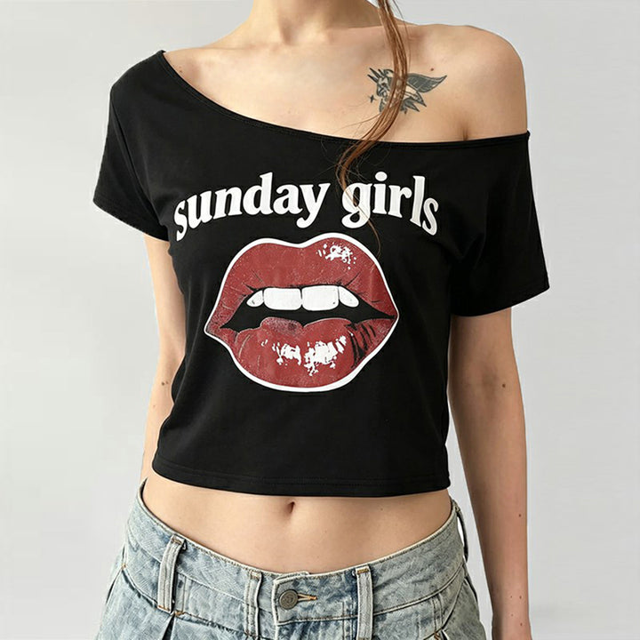 Dame Trendy Crop-Top med moderne leppemotiv Skjora