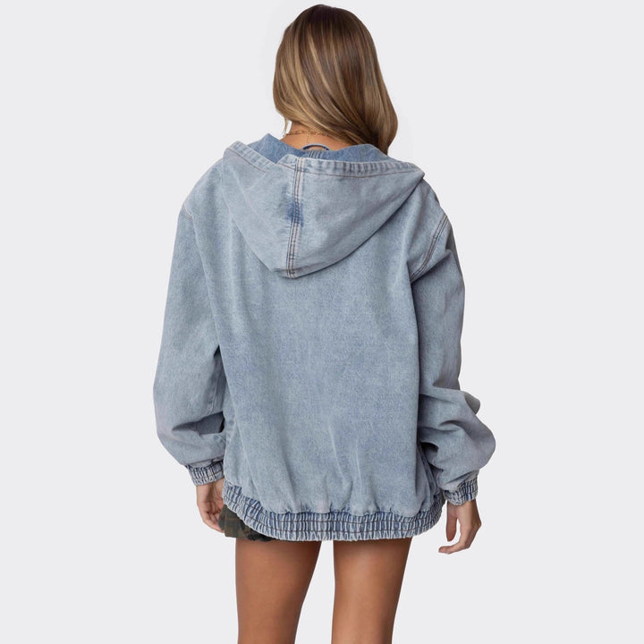 Dame Oversized Denimjakke med hette og elastiske mansjetter Skjora