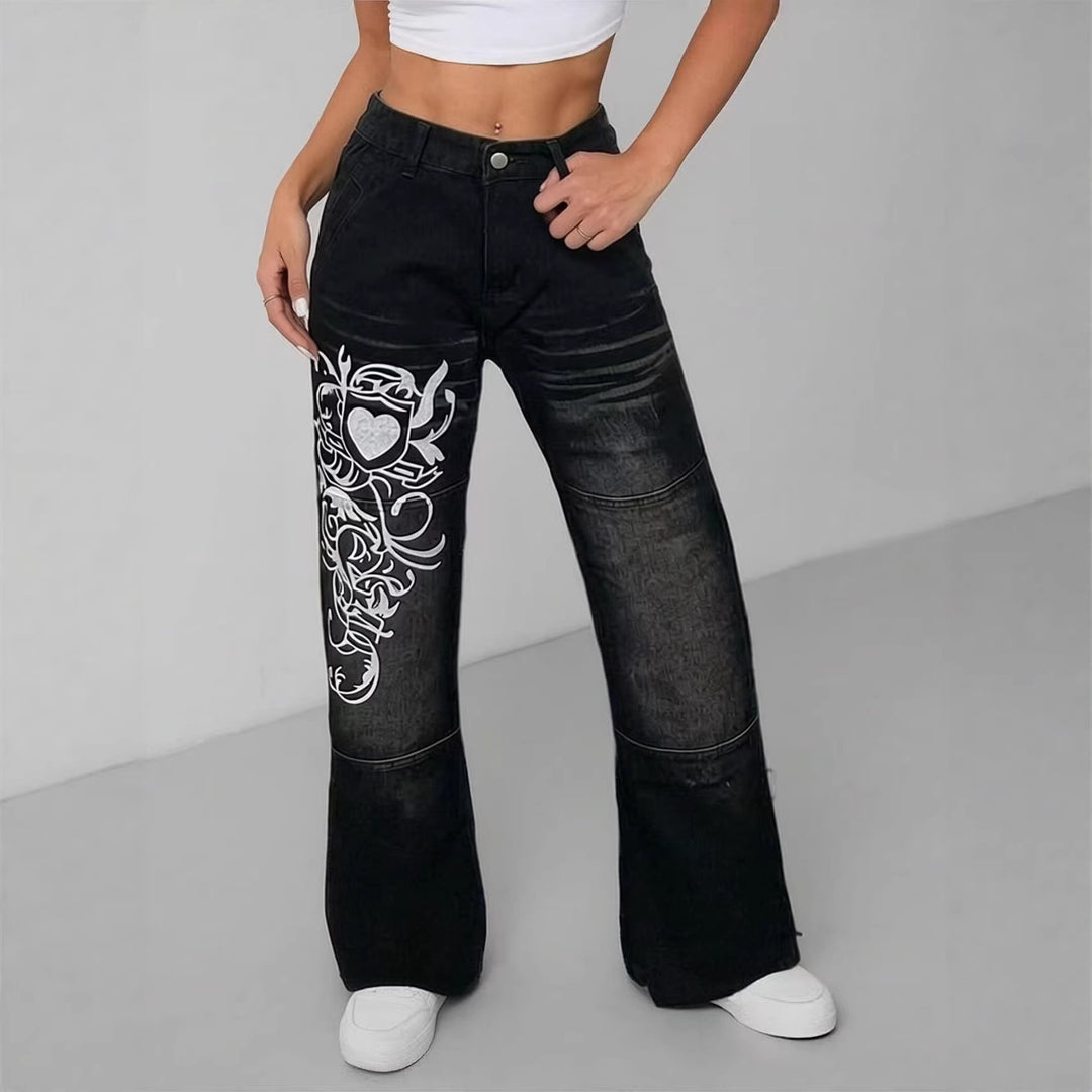 Dame vide jeans med kunstnerisk trykk Skjora