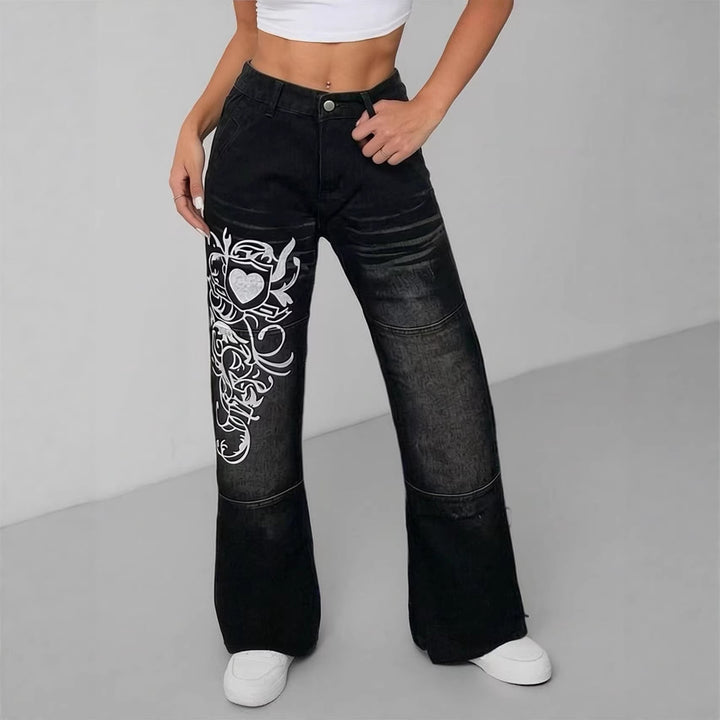 Dame vide jeans med kunstnerisk trykk Skjora