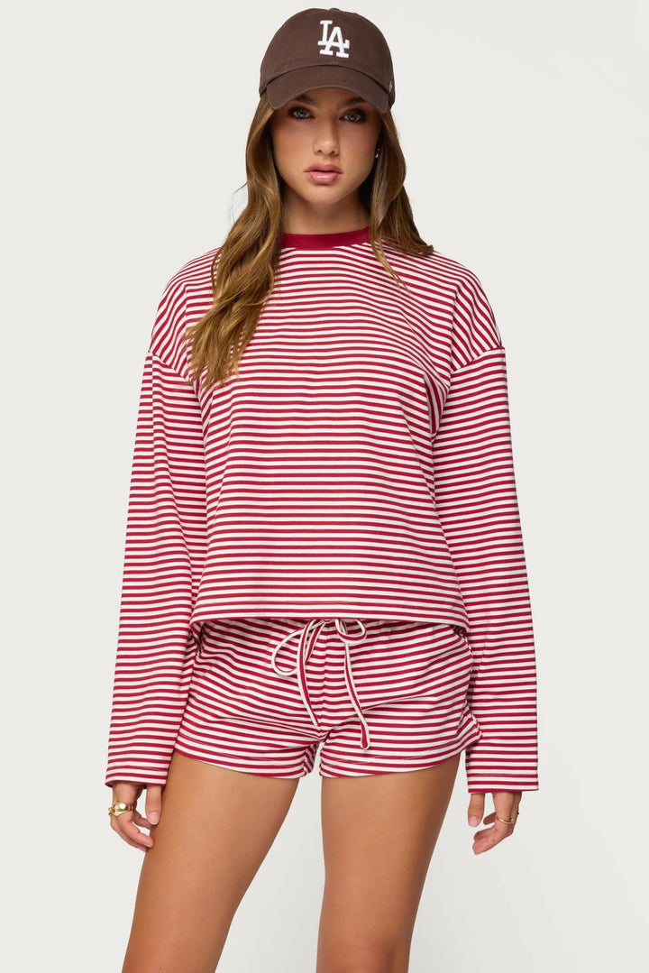 Damer Løs stripete loungewear-sett med langermet topp og shorts Skjora