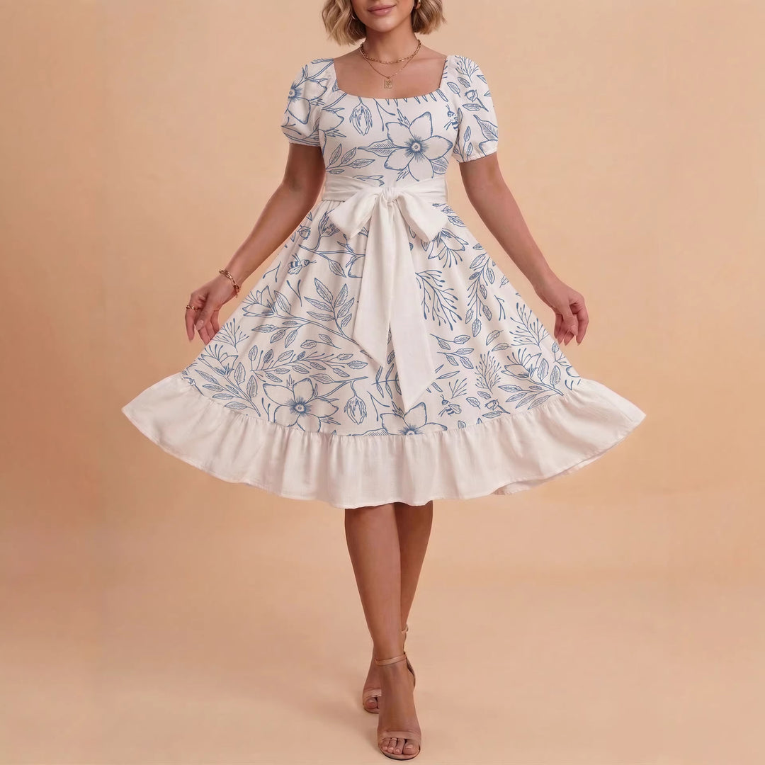 Dame Midi kjole med elegant blomstertrykk og belte i midjen Skjora