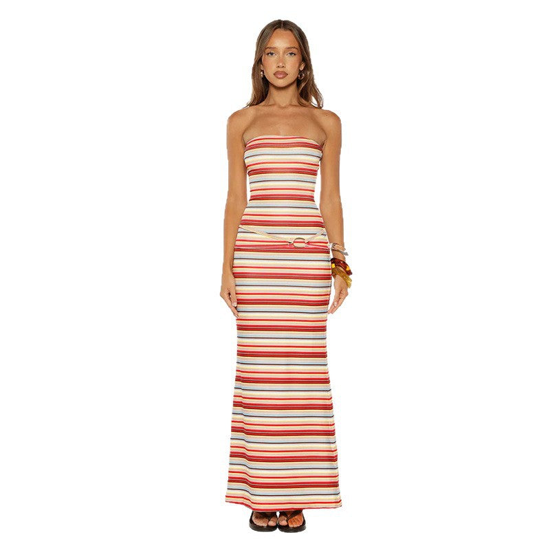 Dame Off-Shoulder Maxikjole med moderne striper og stilig kant Skjora