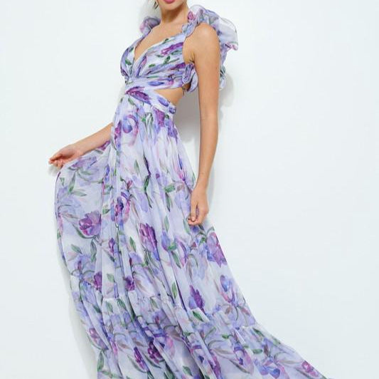 Women's maxi dress with floral ruffles and a flowing design