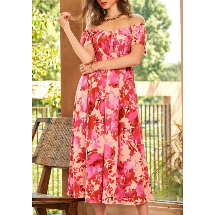 Dame Off-Shoulder Midi Kjole i floral design med elastisk overdel og voluminøs nederdel Skjora