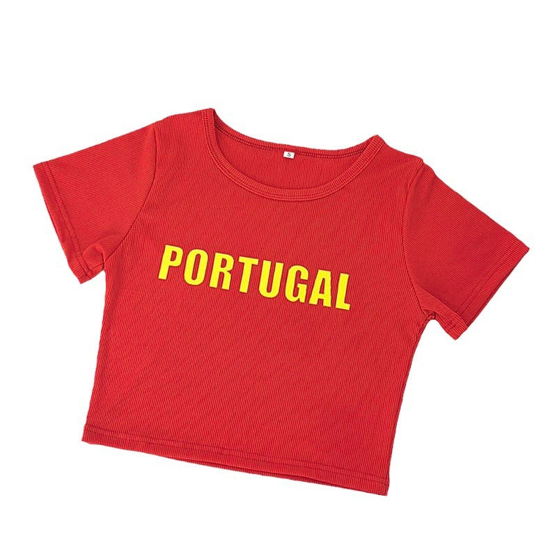 Dame cropped T-skjorte med iøynefallende Portugal skriftstilling Skjora