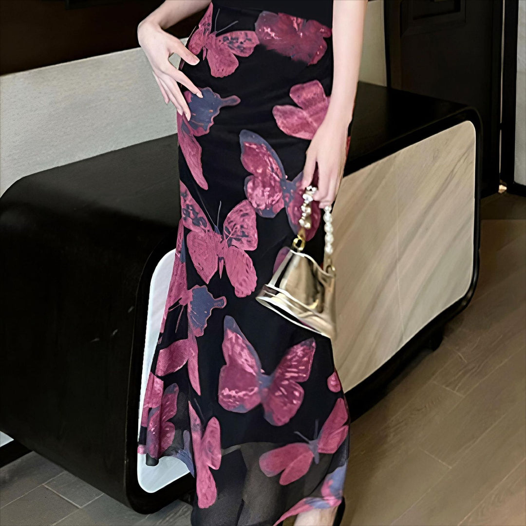 Dame Elegant Maxi Kjole med Blomster Sommerfuglmønster og Gjennomsiktig Nederkant