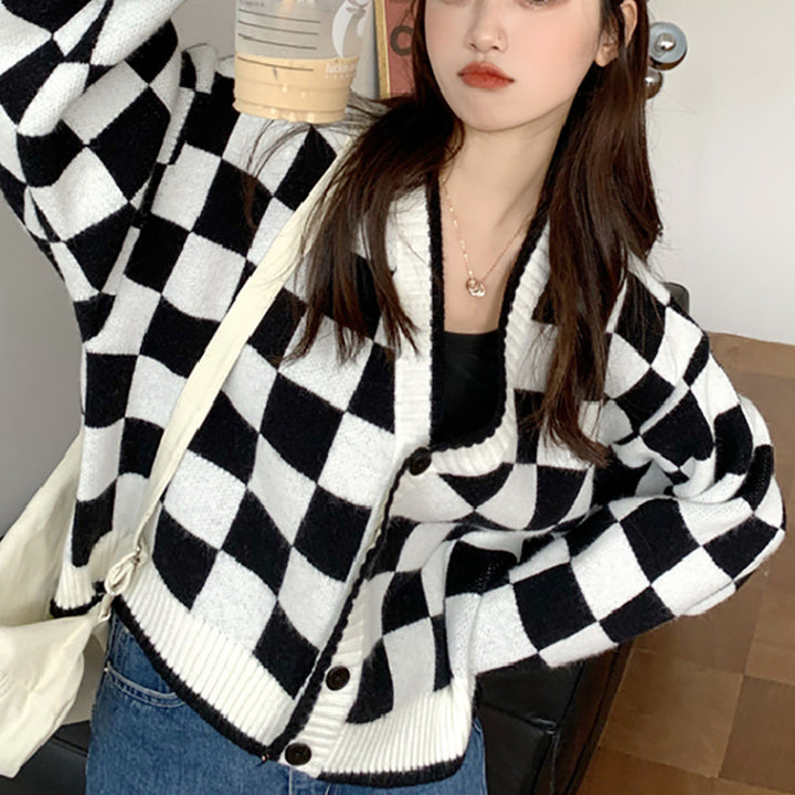 Dame chunky strikket cardigan med rutete mønster og komfortable knappedetaljer