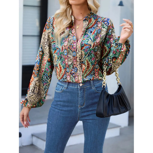 Dame elegant bluse med fargerik trykk og ekstravagante puff-ermer Skjora