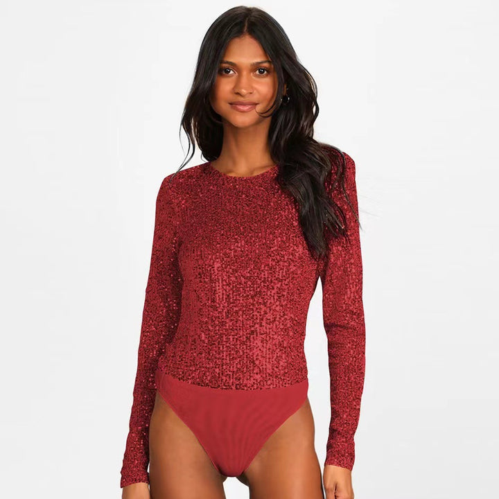 Damer Glitrende Bodysuit med Lange Ermer og Skinnende Topp Materiale Skjora