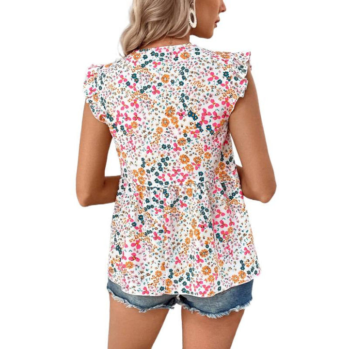 Dame bluse skjorte med blomsterdesign og V-hals Skjora