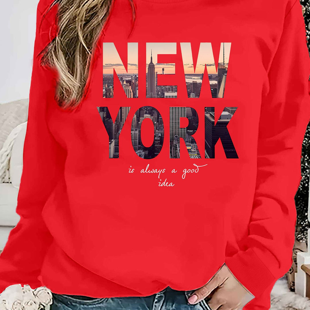 Kvinnenes sweatshirt med kreativ New York skyline print og komfortabel passform Skjora