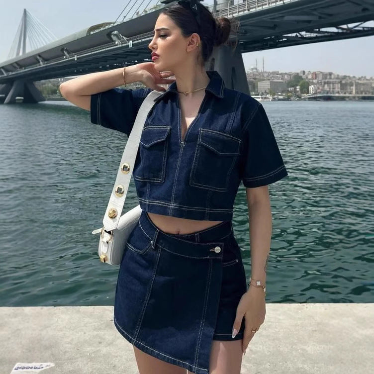 Dame moteriktig denim kort topp og skjørt sett Skjora