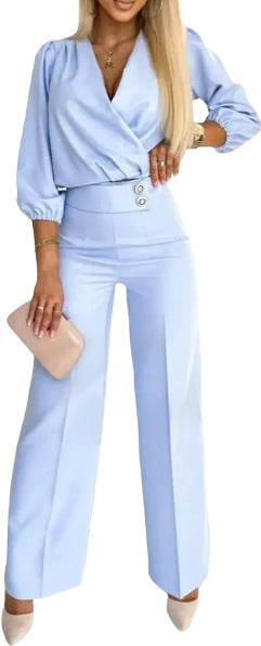 Kvinne elegant jumpsuit med omslagstopp og høyt liv ben Skjora