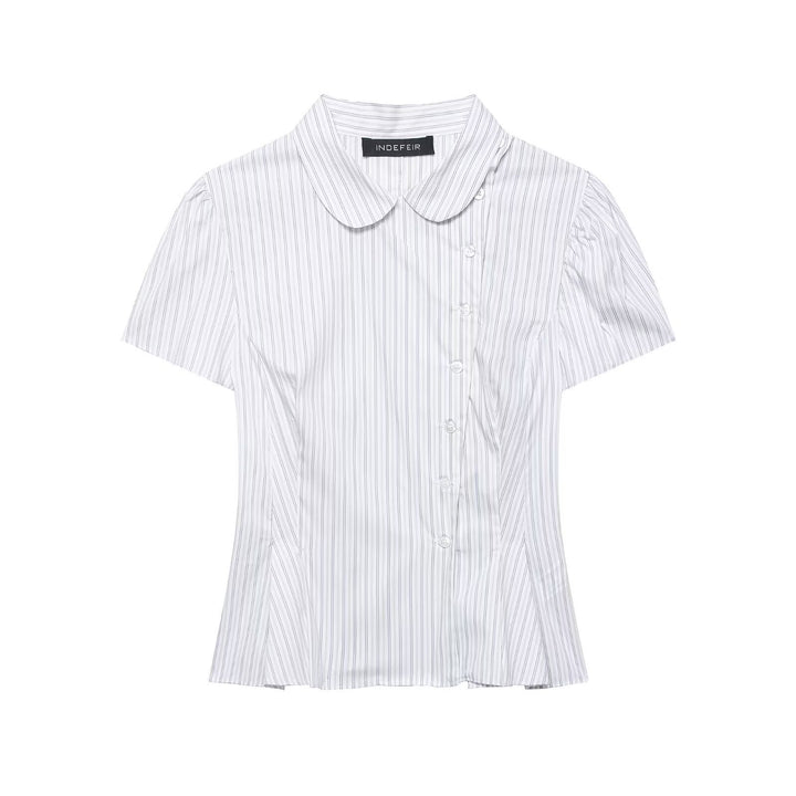 Dame Kortermet bluse med feminine volanger og fine striper Skjora