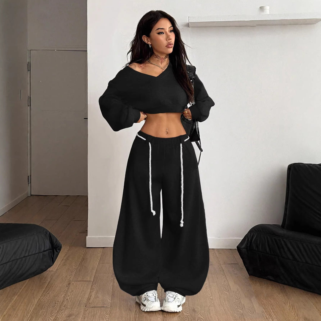Kvinne casual crop topp og vide bukser sett Skjora