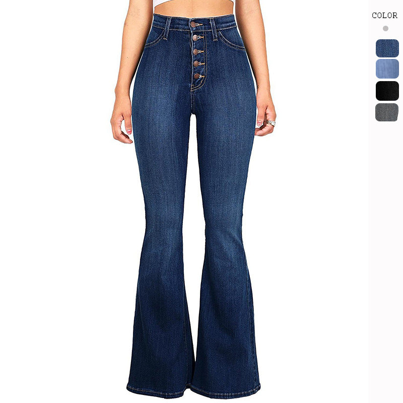 Dame Høytliv Flared Jeans med dekorative knappedetaljer og elastisk midjebånd Skjora