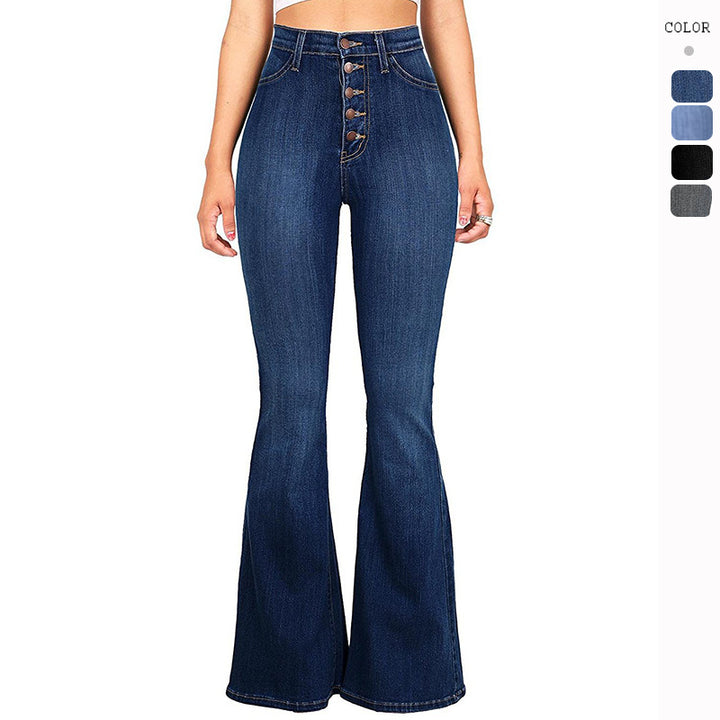 Dame Høytliv Flared Jeans med dekorative knappedetaljer og elastisk midjebånd Skjora
