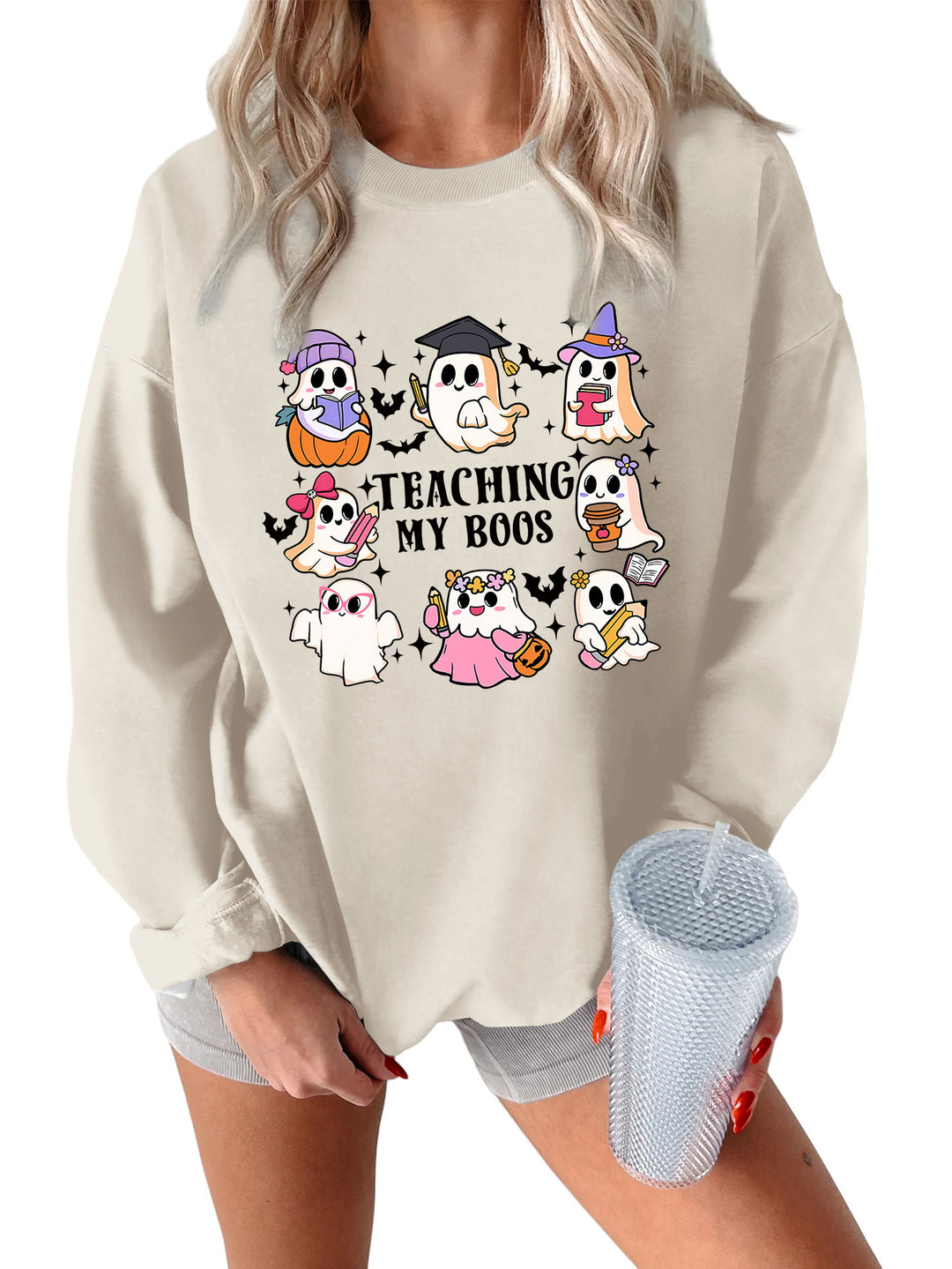 Kvinners sweatshirt med lekent Halloween-design og avslappet passform Skjora