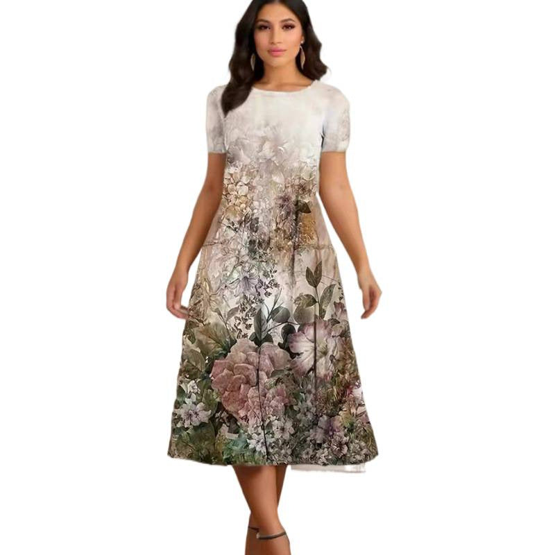 Dame Elegant Maxikjole med blomstermønster og delikat rund hals Skjora