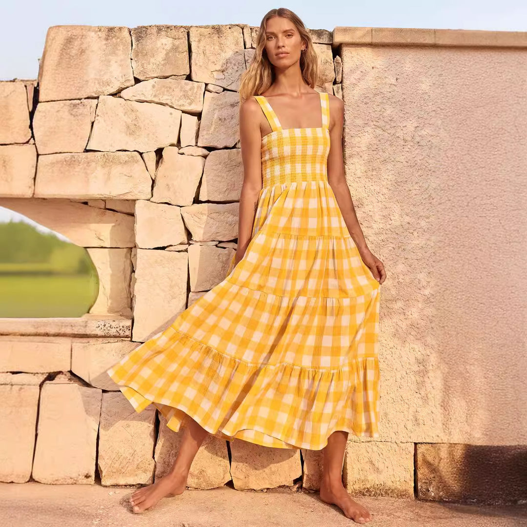 Damer Sommer Maxi Kjole med Rute Design og Stropper Skjora