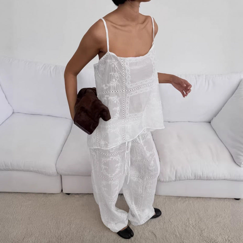 Dame luftig lounge-set med romantiske broderier Skjora