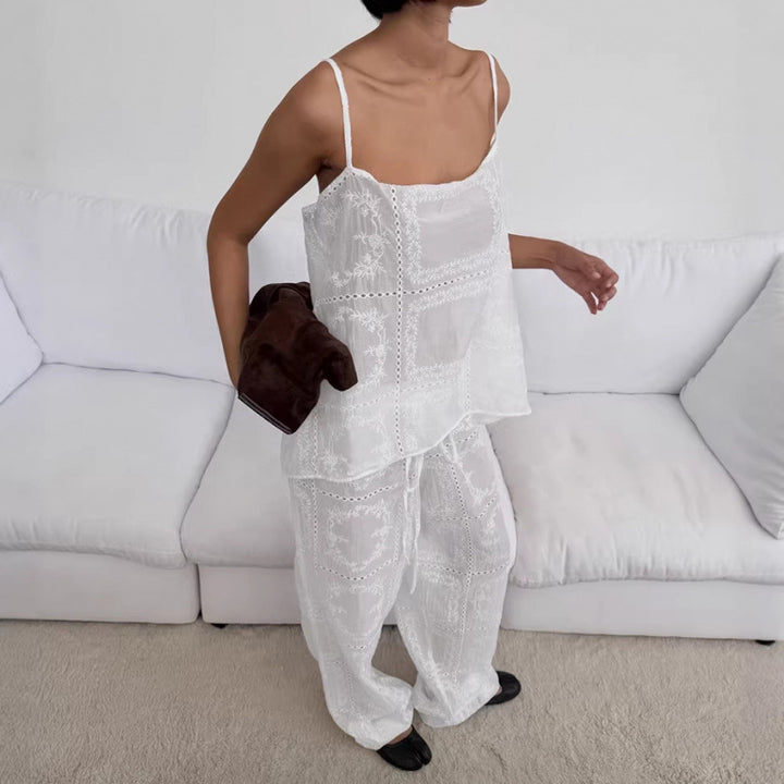 Dame luftig lounge-set med romantiske broderier Skjora