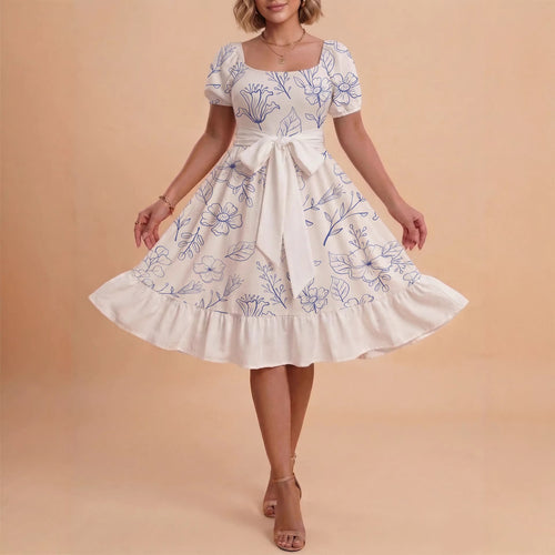Dame Midi kjole med elegant blomstertrykk og belte i midjen Skjora