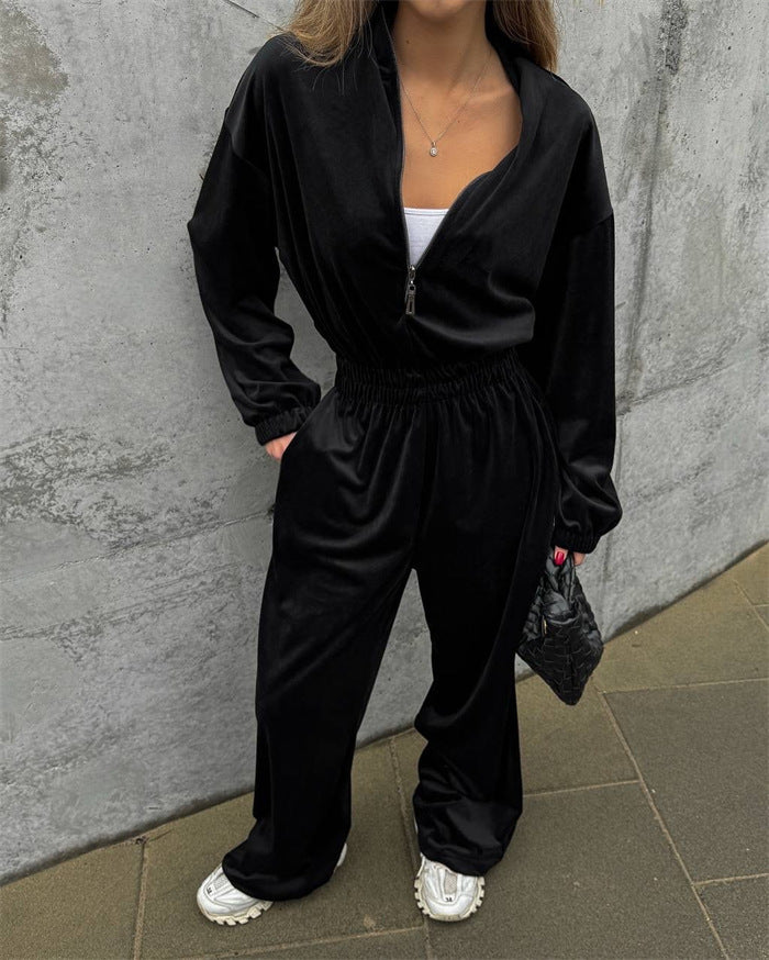 Kvinne Casual Fleece Jumpsuit med Høy Krage og Praktisk Glidelås Skjora