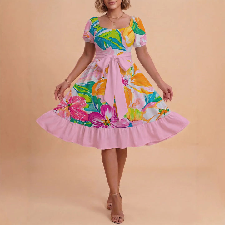 Damen Sommerkleid mit floralem Puffärmel und taillierbarem Gürtel Skjora