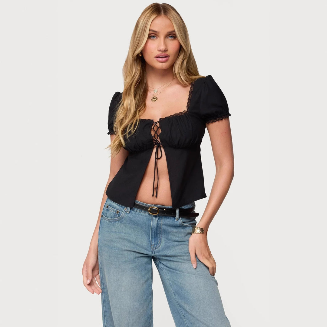 Damen Crop-Oberteil mit Spitzenbesatz und Schnürdetail Skjora