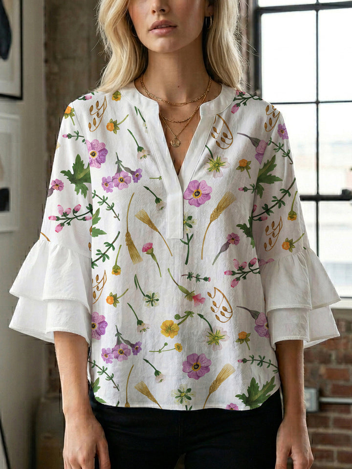 Dame bluse skjorte med voluminøse ermer og blomster mønster Skjora