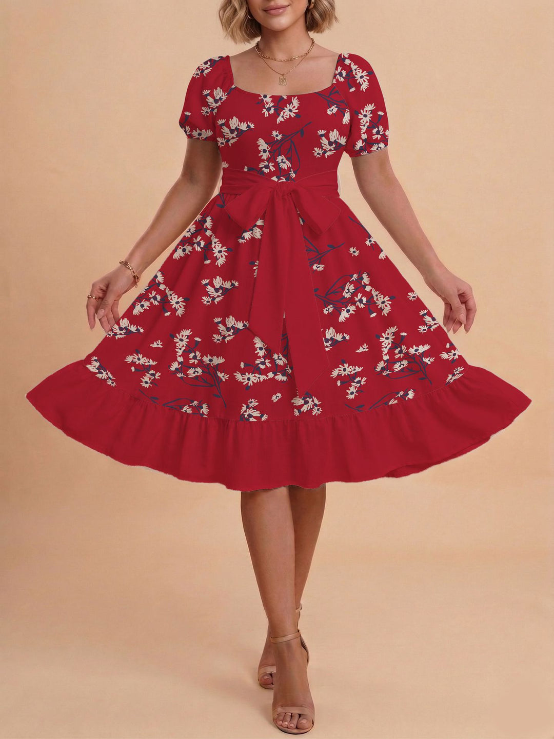 Damen Midikleid mit verspieltem Druck und tailliertem Schnitt Skjora