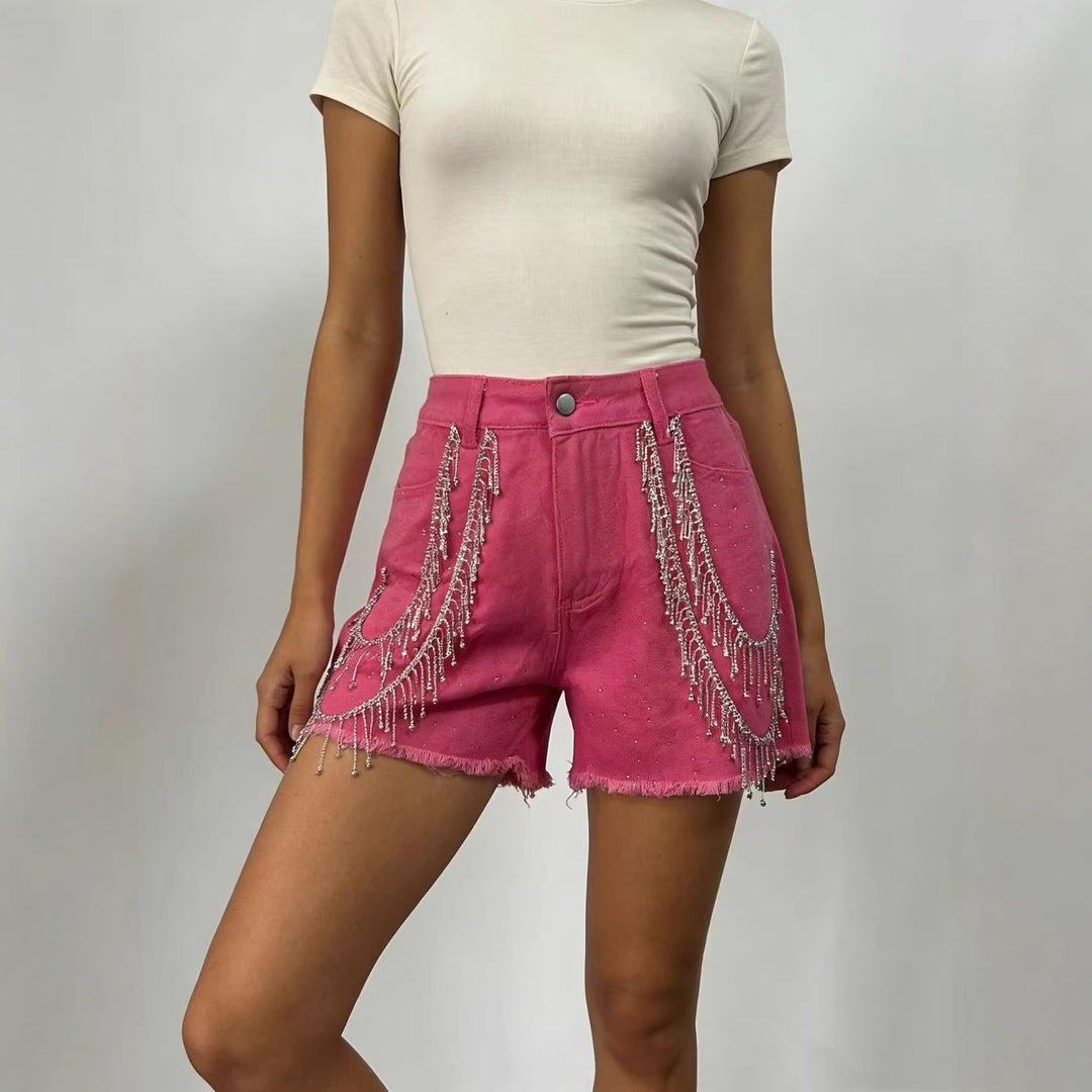 Dame Designer Denim-Shorts med trendy kjede dekorasjoner Skjora