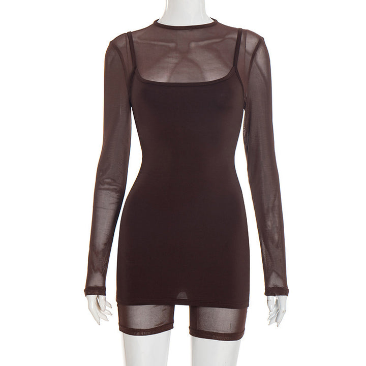 Ladies body-hugging long-sleeved overall with transparent sleeves and figure-shaping cut Skjora