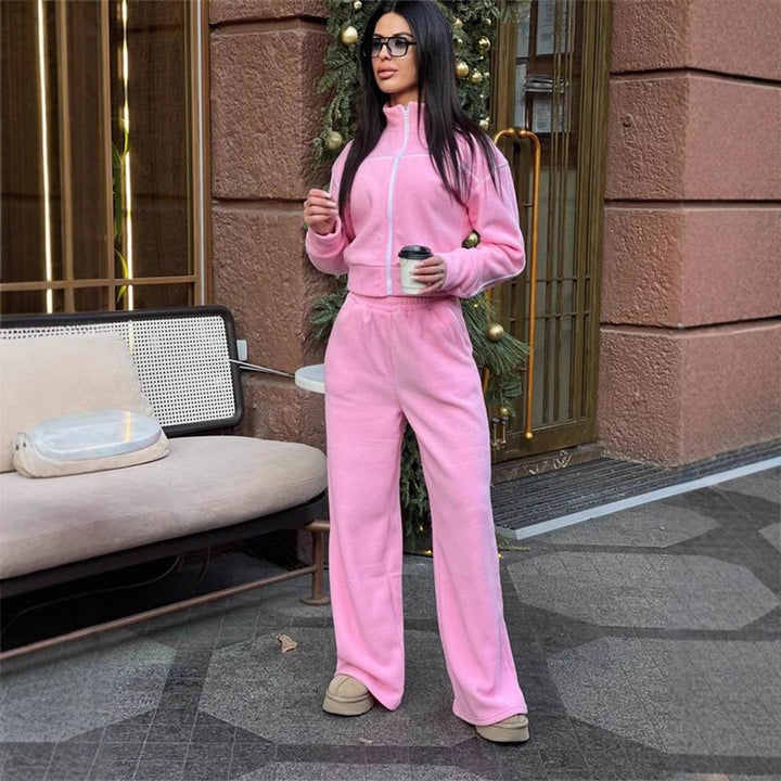 Damer Casual Fleece Cropped Set med Løs Passform og Elastisk Liv Skjora