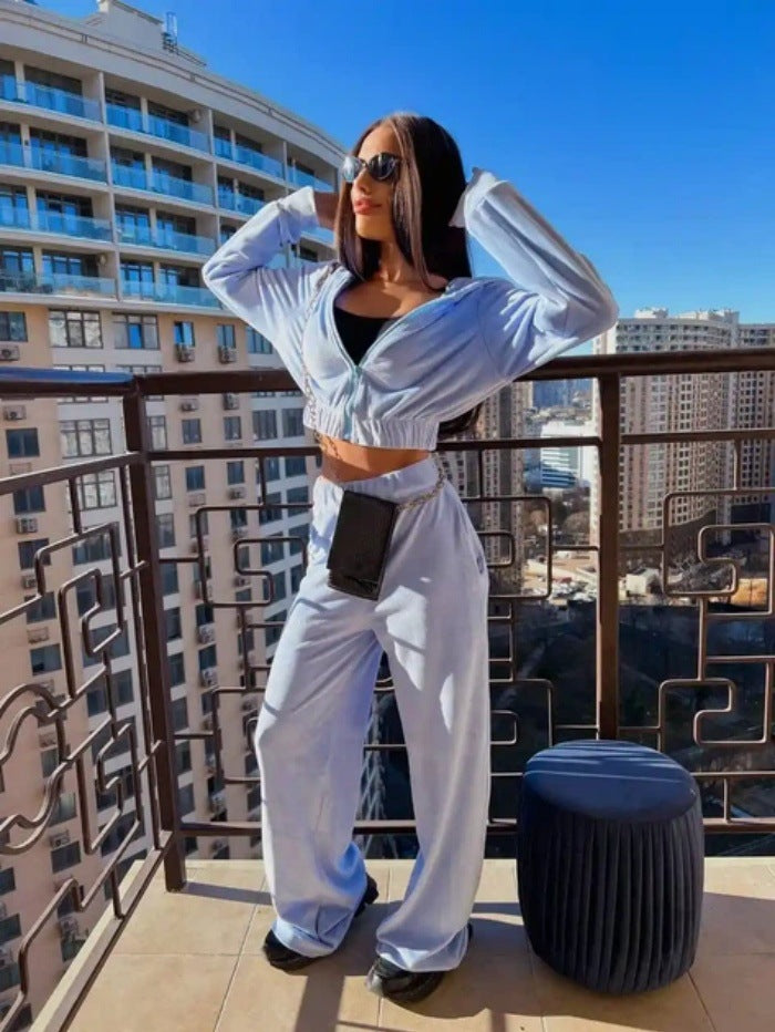 Kvinners sporty velour loungewear-set med hette og elastisk midjebånd Skjora