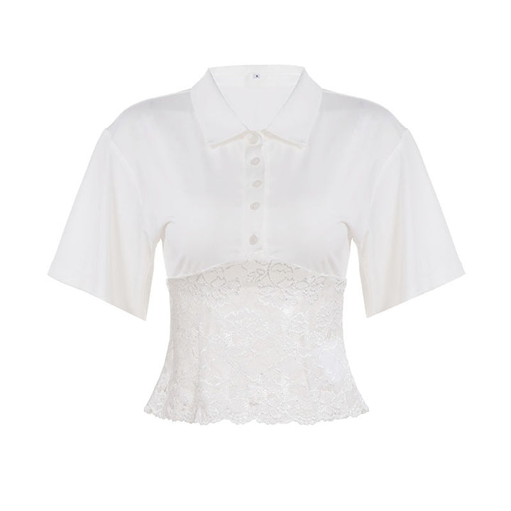 Dame poloshirt med romantisk spisskant og kort erm Skjora