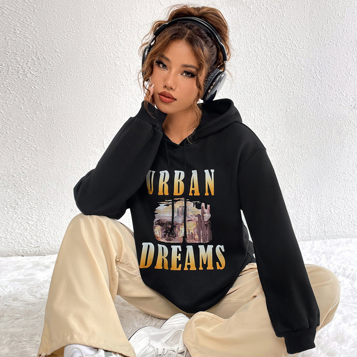 Dame Oversized Hettegenser med Urban Trykk og Hette Skjora