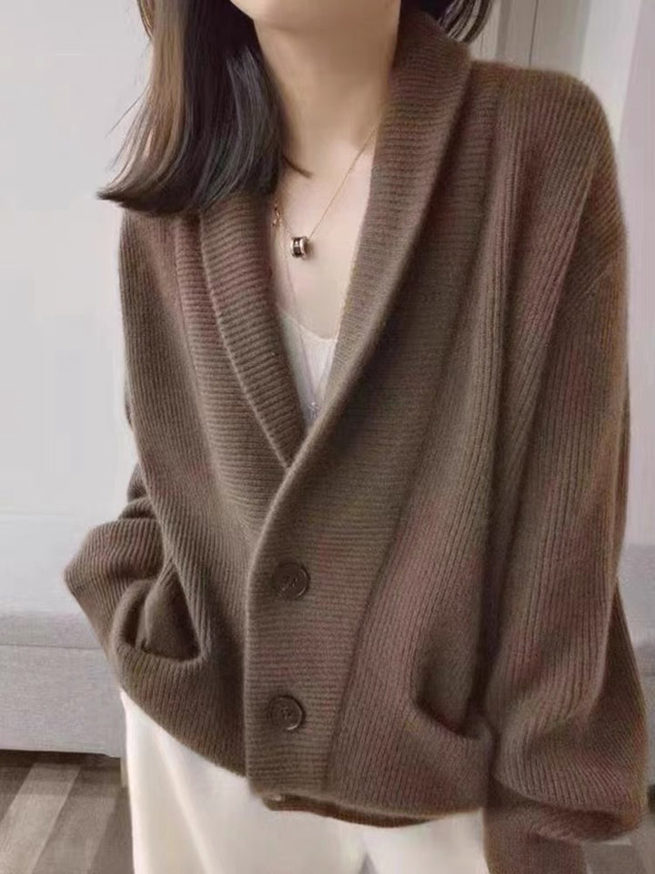 Damer Cozy Strikket Cardigan med Bred Krage og Lommer