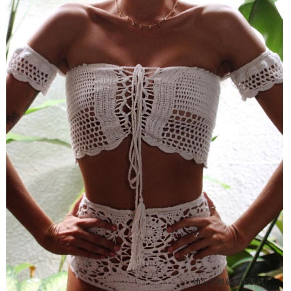 Damen Häkel-Bikini-Set mit dekorativen Fransen und trendigem Oberteil Skjora