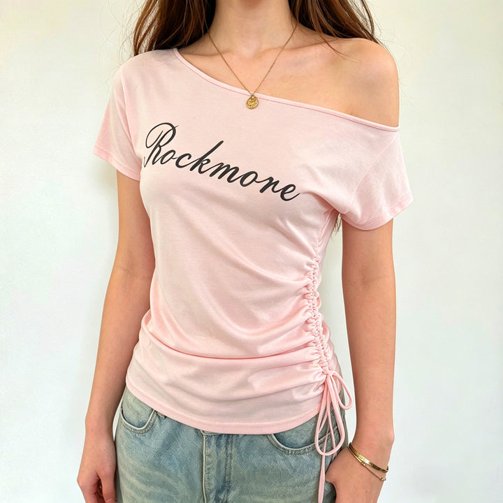 Damer Off-Shoulder T-skjorte med rynker og trendy trykk Skjora