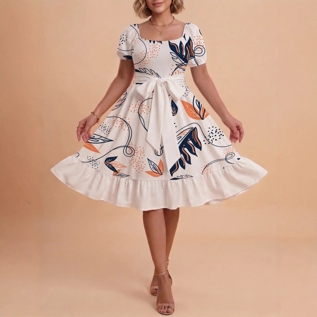 Damen Sommerliches Blumenkleid mit taillierbarem Gürtel und voluminösen Ärmeln Skjora