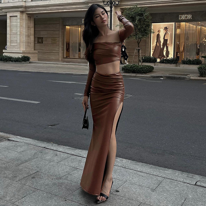 Dame elegant asymmetrisk cropped overdel med lange ermer Skjora