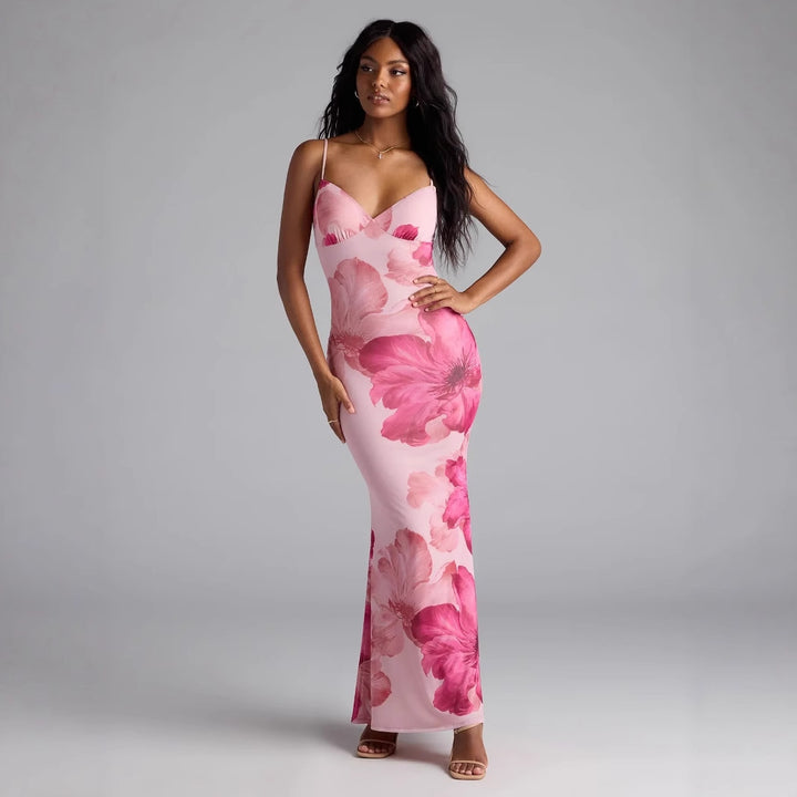 Damen Elegant Blomster maxikjole med fine spaghetti stropper og figurtilpasset snitt Skjora