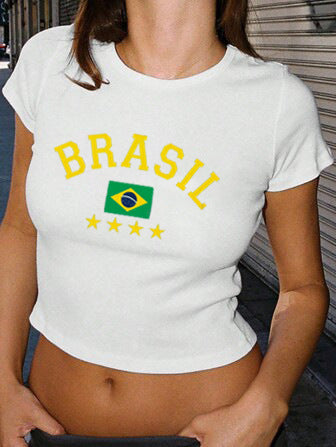 Women's Crop T-Shirt with Creative Graphic Print and Stylish Text Print Skjora