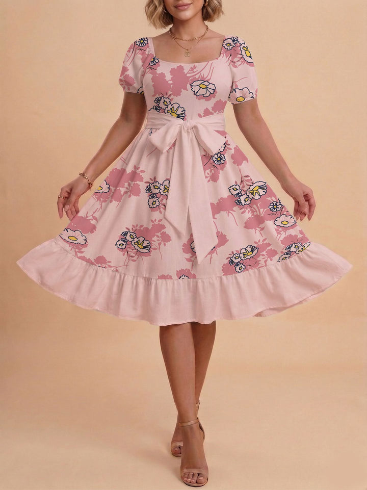 Damen Retro Maxikleid mit Puffärmeln und Taillengürtel Skjora